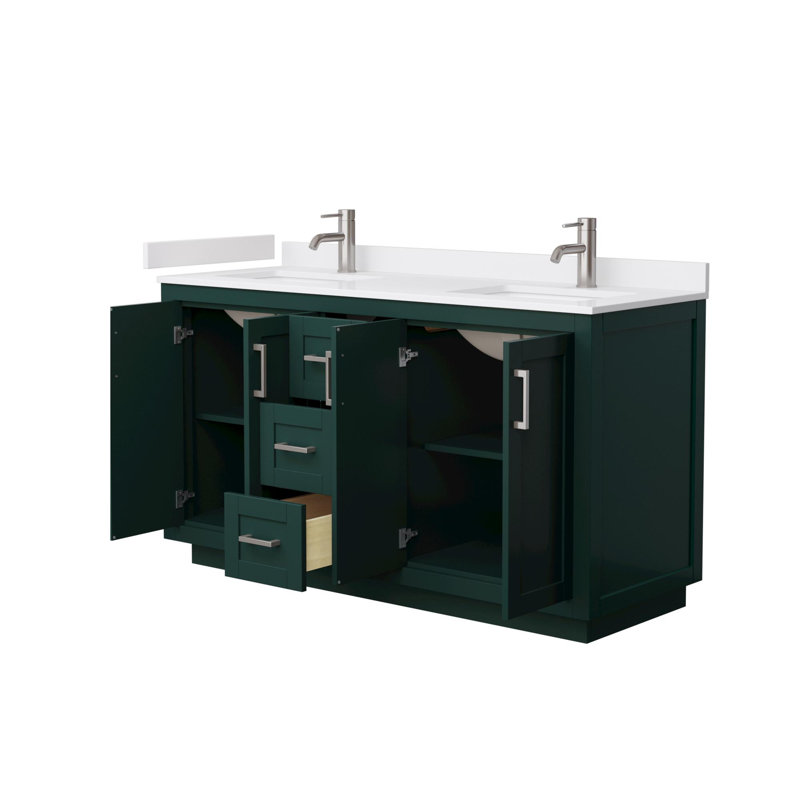 Miranda 60" Freestanding Double Bathroom Vanity with Cultured Marble Top, White Cultured Marble, Brushed Nickel, Green