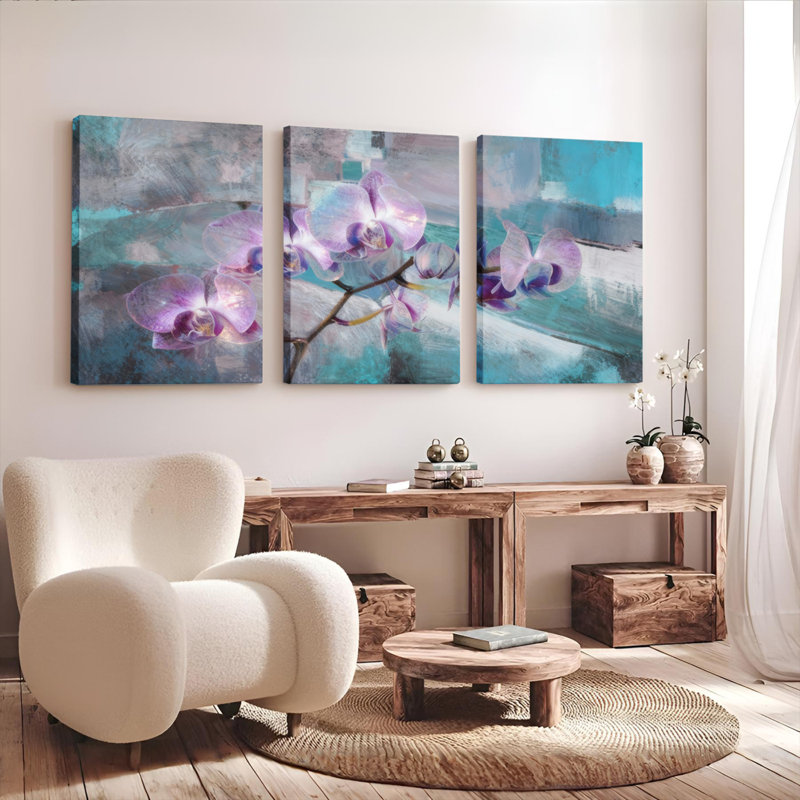 Orchidée florale abstraite sur toile tendue, reproduction d'art sur toile, ensemble de 3, H 18 po x l 36 po
