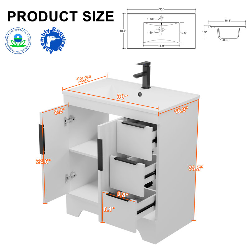 Ensemble de meuble-lavabo moderne simple 30 "avec comptoir en résine Skeen, robinet, assemblage requis Skeen, 30", Blanc
