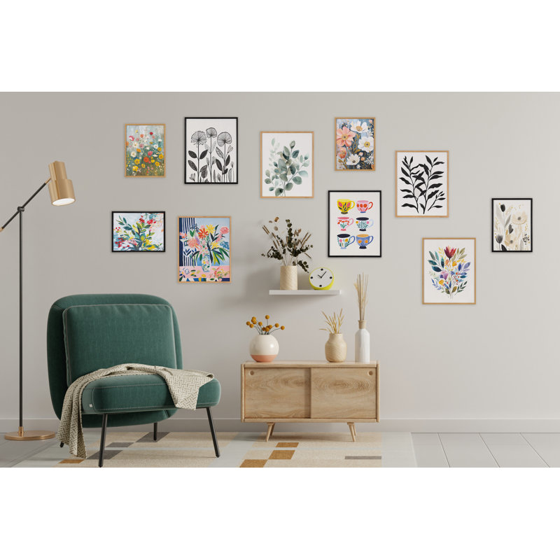 Art mural floral noir et blanc, Cadre noir, H 12,65 po x l 16,65 po
