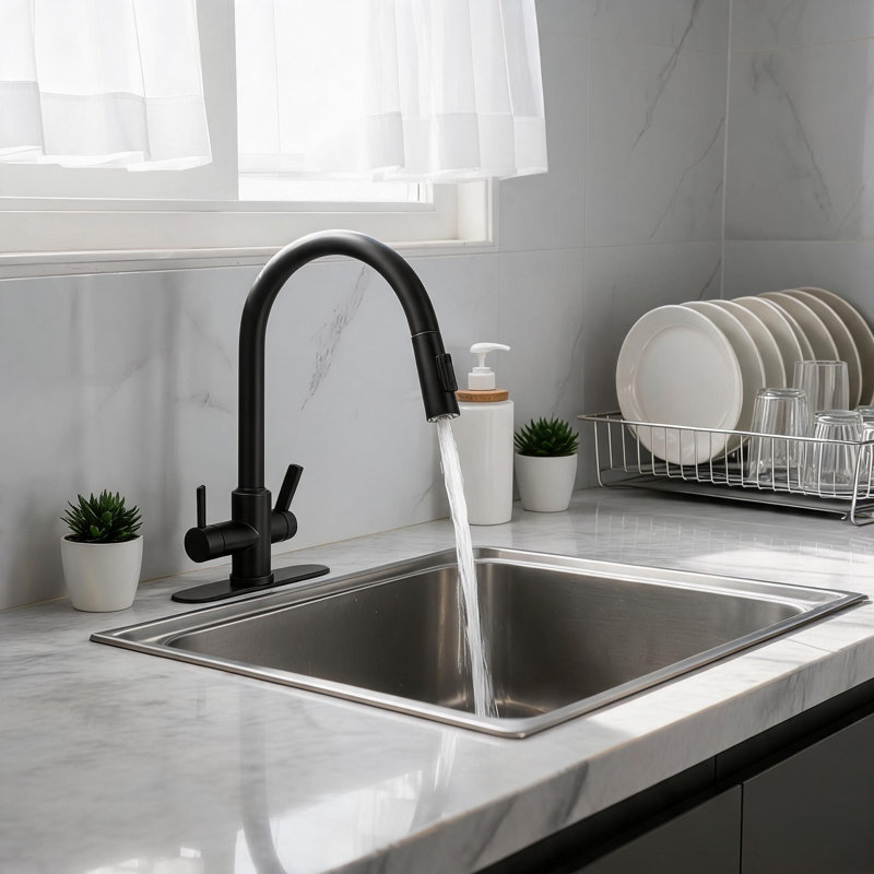 Robinet de cuisine en acier inoxydable noir mat avec douchette rétractable et bec pivotant à 360 degrés