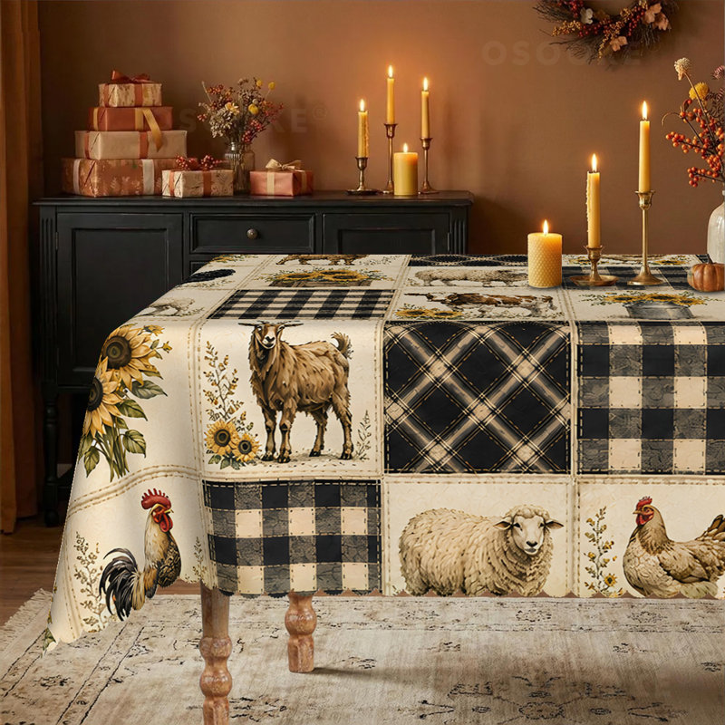 Nappe patchwork automnale, nappe vintage à carreaux vichy tournesols et animaux de la ferme, décoration rustique de grange avec coq, poules, vaches, moutons et chèvres