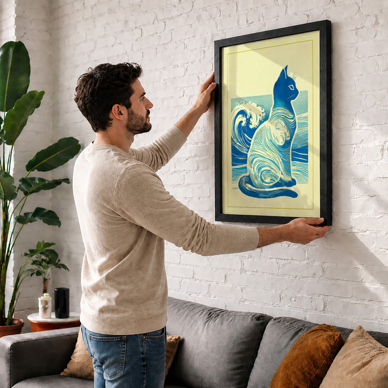 Cat And Waves Japandi - Single Picture Frame Print, A2 - 59.4 x 42.0 cm, Black