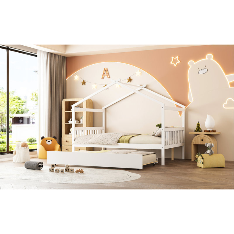 Lit double en bois, lit gigogne simple, couleur blanche, construction solide, toit en ciel fantaisiste, 2 têtes de lit, lit pour les invités