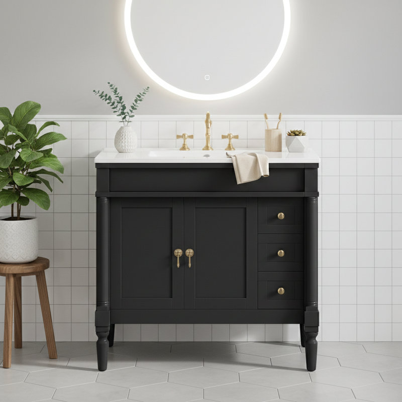 Meuble-lavabo pour salle de bain, Noir, Blanc