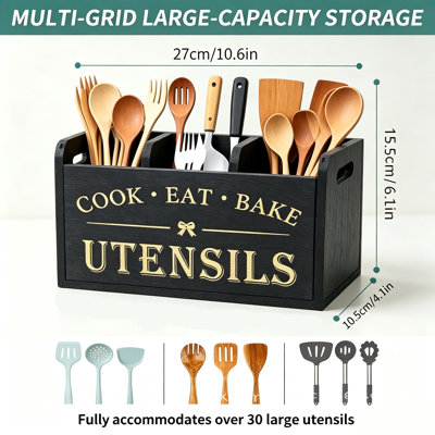 Hot‑Stamped Printed Wooden Utensil Caddy （Black）