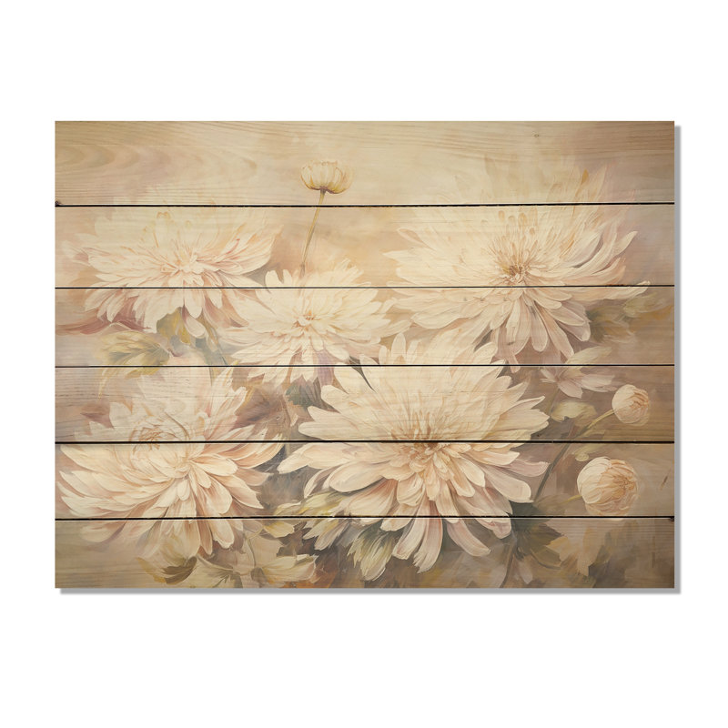 «Beige Chrysanthemums Bloom», art mural en bois sur bois de pin naturel, H 24 po x l 32 po
