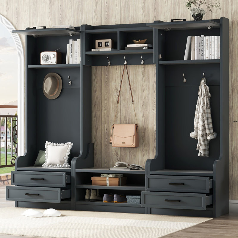 Pahoua Hall Tree 78'' Wide with Bench and Shoe Storage, Antique Blue
