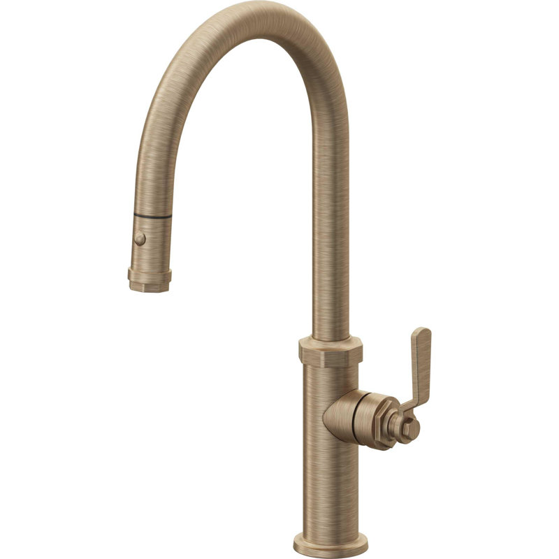 Pull-Down Kitchen Faucet With Button Sprayer - High Arc Spout, Antique Brass Flat