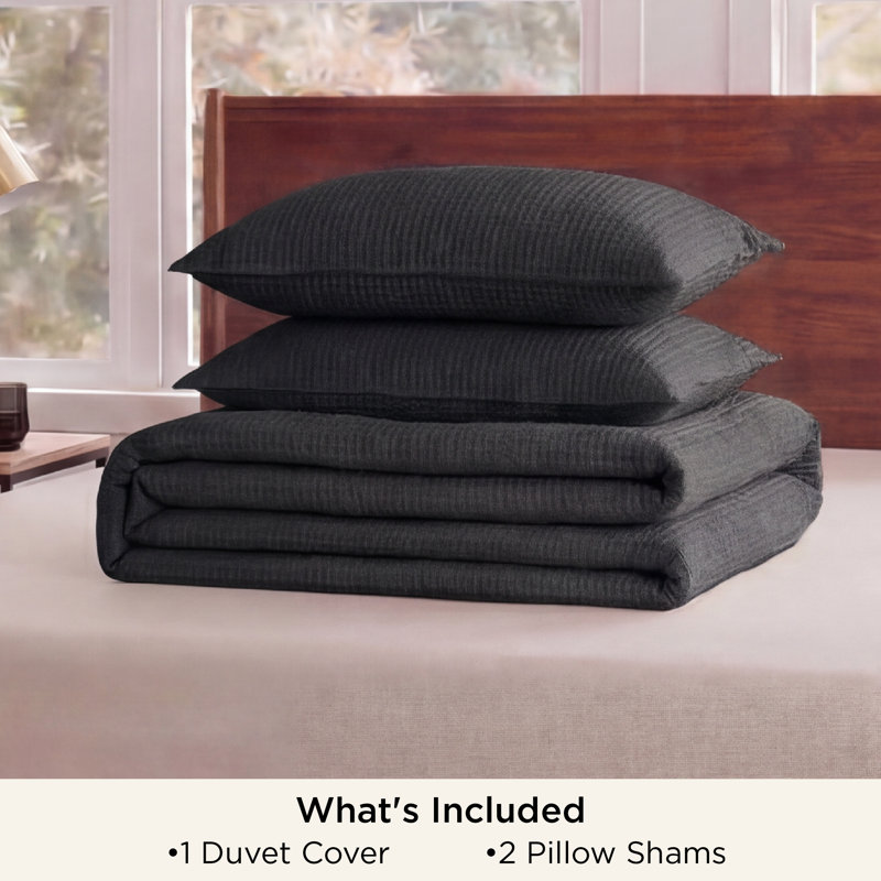 Essential Collection 100% Cotton Waffle Weave Duvet Cover Set, Charcoal, California King Duvet Cover + 2 King Shams