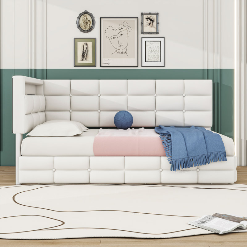Twin Upholstered Daybed with 2 Drawers and LED Lights, Beige