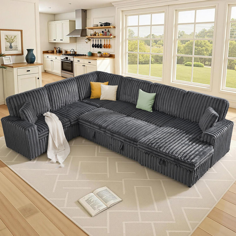  130" U-Shaped Sectional Sofa Bed with Chaise, Pull Out Sleeper and Storage, 7-Seater Convertible Couch for Living Room, Gray Faux fur