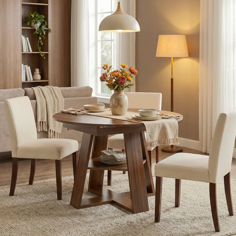 43.3"-59" Extendable Round Dining Table, Circle Kitchen Table Oval Dinner Table For 4-8, Farmhouse Dining Table With Removable Leaves Space Saving And Storage Shelf For Kitchen And Living Room, Walnut