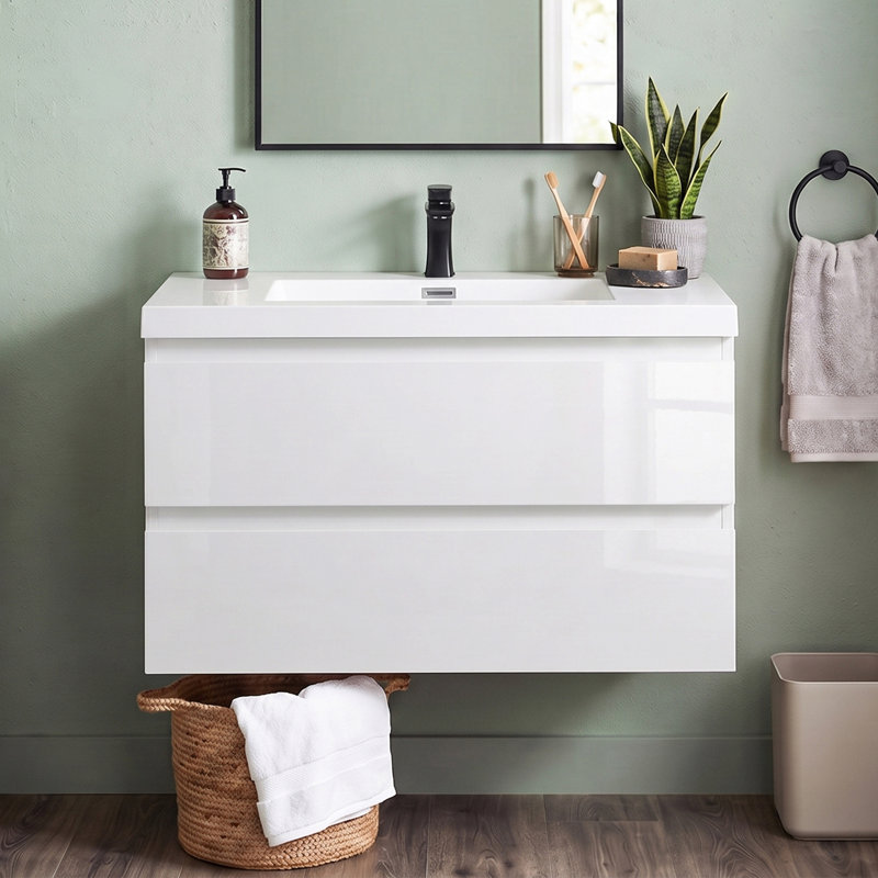 Meuble-lavabo suspendu de 76 cm (30 po), armoire en mélamine de bois avec lavabo intégré en résine et carbonate de calcium