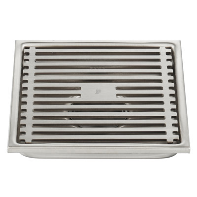 FINE FIXTURES Square Shower Floor Drain, Slotted Grate Design, 10-Gauge 304 Stainless Steel, Center Outlet, Fast Drainage, Hair Strainer Included
