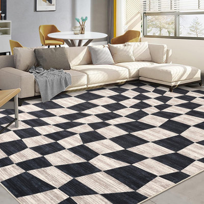Grand tapis à carreaux moderne, lavable, à poils courts, antidérapant, moelleux et résistant aux marques pour le salon, la chambre à coucher, la salle à manger et le bureau - bleu marine, 10 x 13 pi (É.-U.)