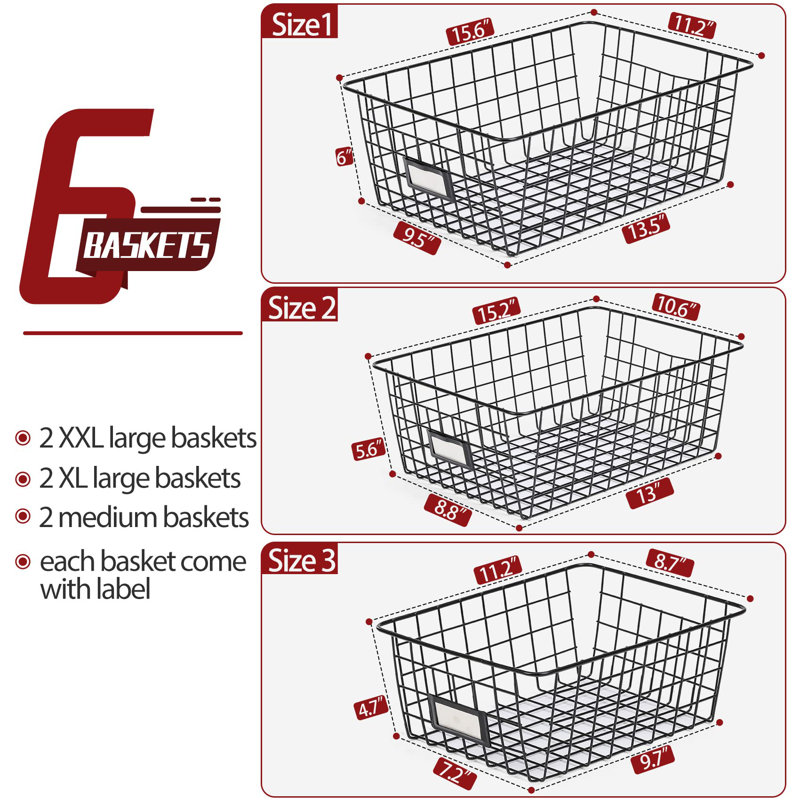 Extra Large Black Metal Wire Storage Baskets with Labels, Set of 6