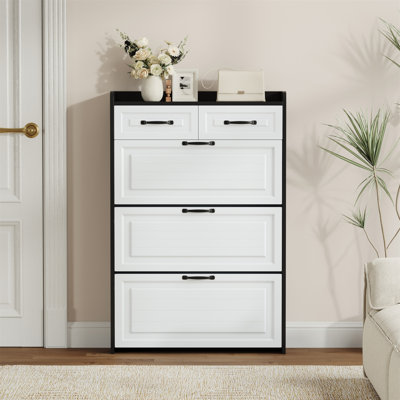 Armoire à chaussures 1250 de couleur noire avec 3 portes et 2 tiroirs, porte en PVC avec forme, grand espace de rangement
