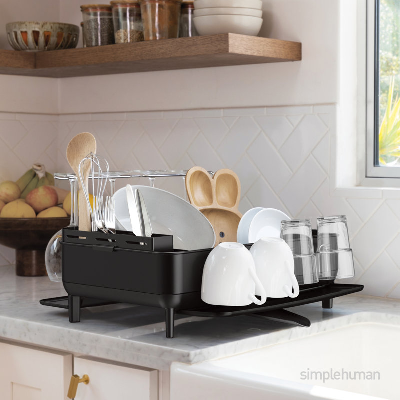 simplehuman Kitchen Dish Drying Rack with Swivel Spout, Fingerprint-Proof Stainless Steel Frame, Black