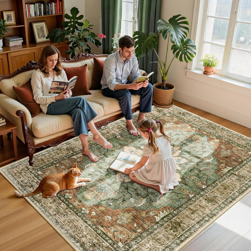 Area Rugs Washable Non Slip Floral Vintage Distress Print Pattern Medallion Carpet For Living Room Bedroom Dining Room Brick Rust Neutral Burnt