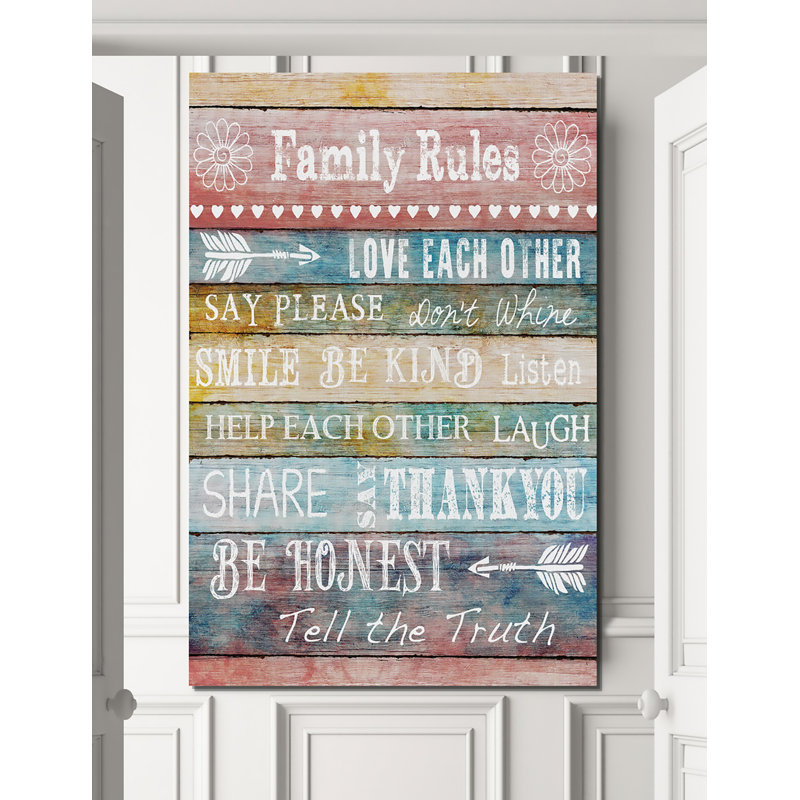 Family Rules - reproduction d'art textuel sur toile, H 48 po x l 32 po x P 1,5 po, Toile tendue