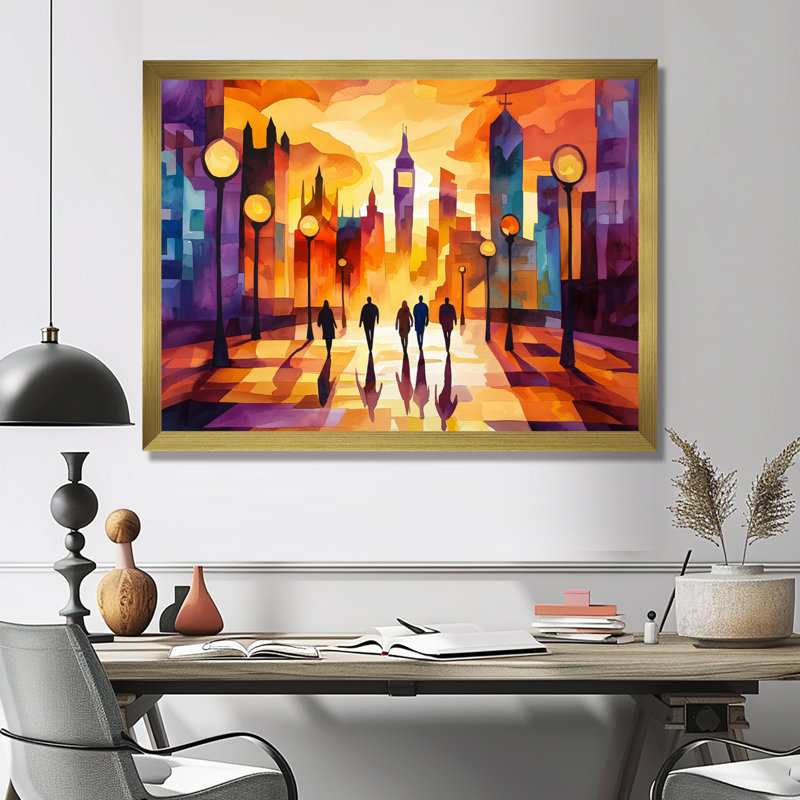 «London's Sunset City Views I - City London», reproduction sur toile, Reproduction encadrée d'une seule photo sans pass, Doré