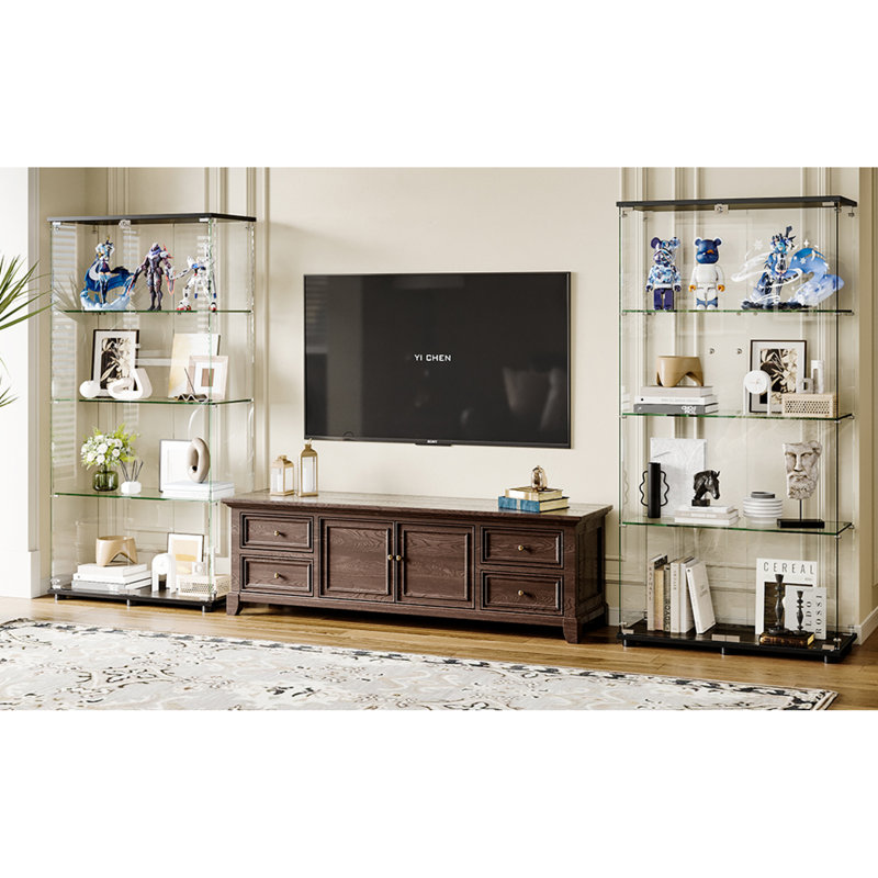Vaisselier spacieux noir avec portes doubles en verre trempé, rangement en MDF moderne pour la maison et le bureau