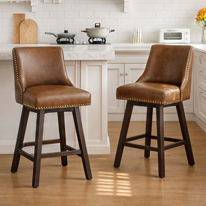26" Swivel Counter Bar Stools, Counter barstools with Wood Frames,Vintage Brown, 1, Brown