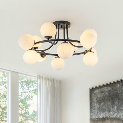 Plafonnier semi-encastré 12 lumières noir mat moderne avec abat-jour en verre blanc nervuré