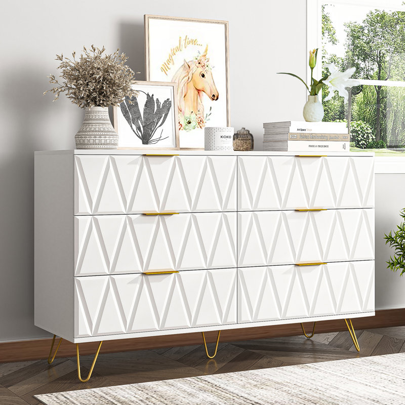 Commode 6 tiroirs en bois avec motif en V sculpté 3D blanc