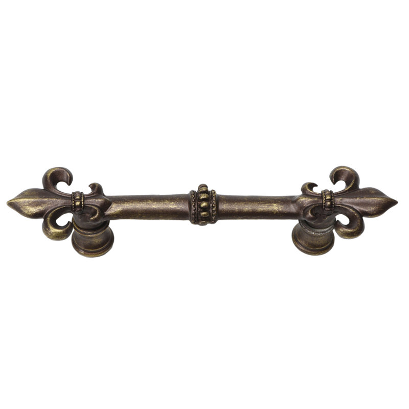Charlemagne 4 inches c.c. pull with large Fleur De Lysin Satin, 4", Antique Brass