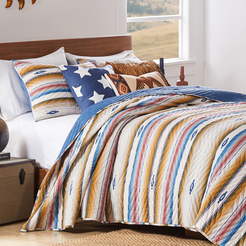 Sapphire Blue and Red Southwestern Reversible Full Quilt Set