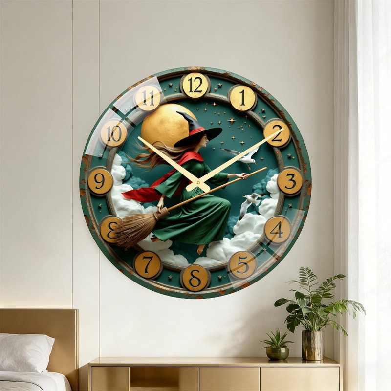 Witch Flying On Broom Under Moonlight Art - 24‘’ Modern Glass Wall Clock