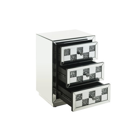 Glamorous Mirrored And Faux Diamonds Dressing Table - 14"D X 18"W 26"H, Synthetic Accent Basket 3 Drawers, Silver Finish,