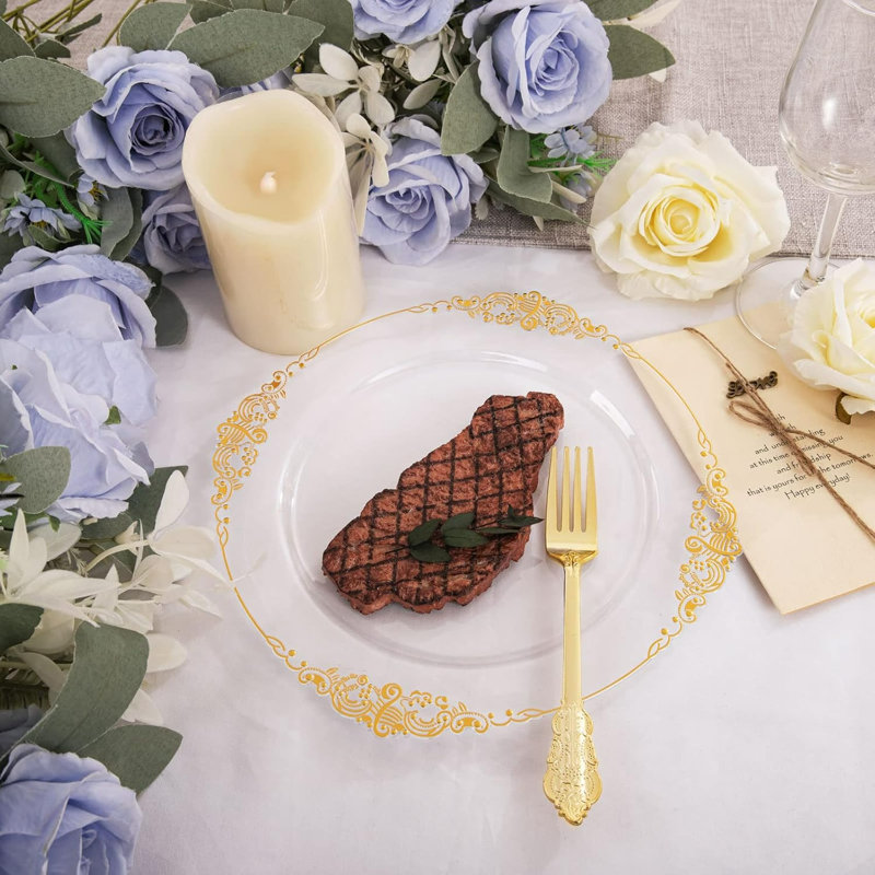 Ensemble de vaisselle 100 pièces en plastique à rebord doré - Assiettes jetables élégantes en or transparent pour les mariages et les fêtes