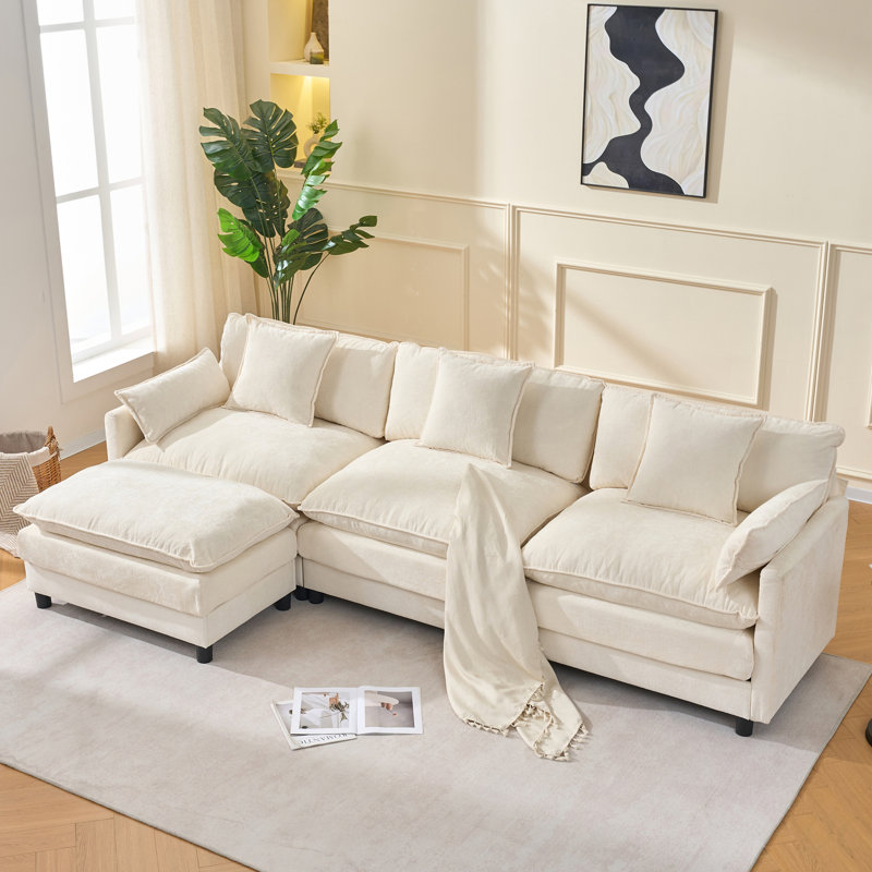 Canapé modulaire en L 108 po avec repose-pieds en chenille de 108 po pour salon et chambre à coucher, Beige Chenille