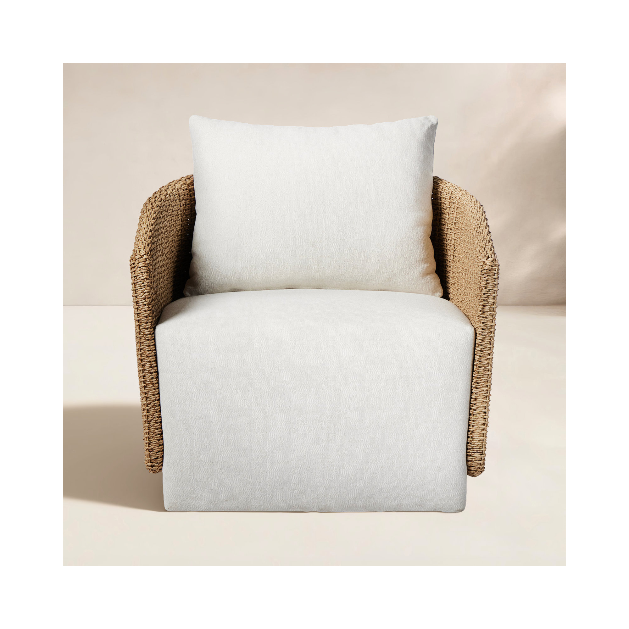 Odyn Swivel Wicker Outdoor Lounge Chair, Alessi Linen, Faux Dark Hyacinth