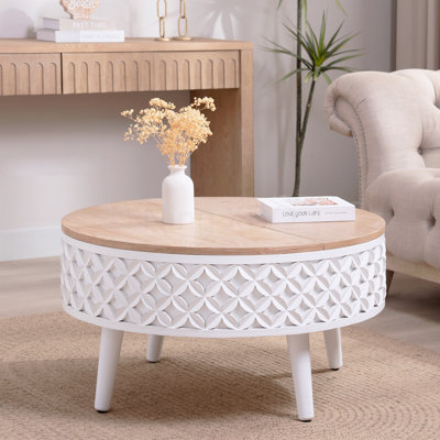 Table basse ronde 31,5 po avec rangement Table de salon ronde avec rangement Table d'appoint relevable Boho Modern Farmhouse Base blanche sculptée avec plateau naturel