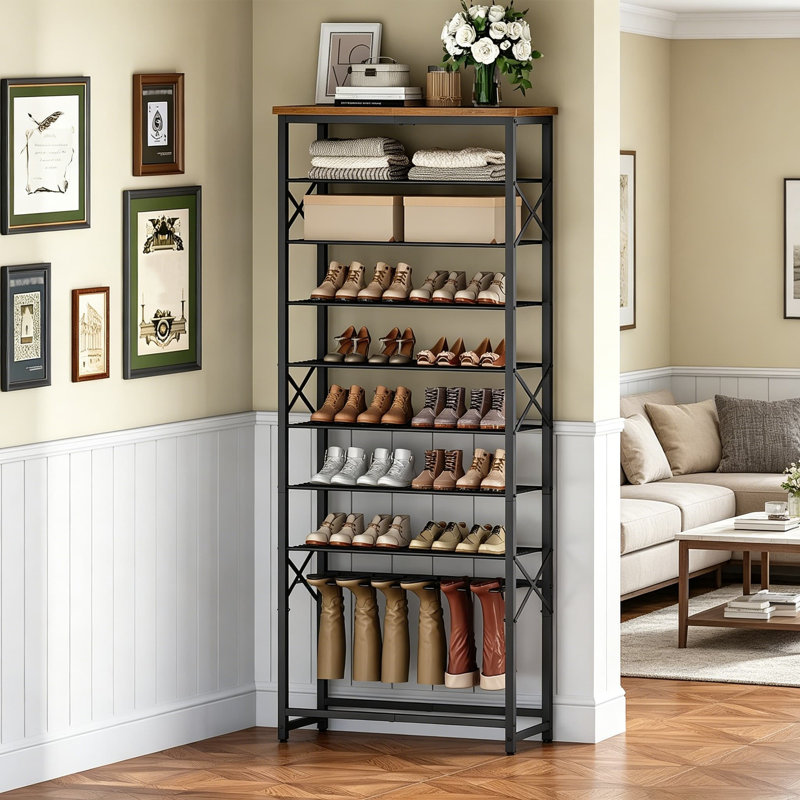 Grand étagère à chaussures pour le vestibule, organisateur de rangement de chaussures en métal robuste à 10 niveaux avec porte-bottes, tablette en bois peu encombrante pour garde-robe, brun industriel et noir