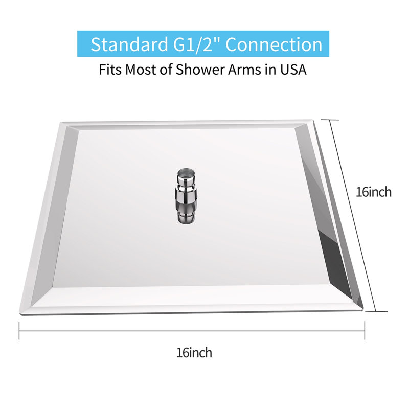 16 Inch Rain Shower Head, Square Ultra Thin 304 Stainless Steel High Pressure Shower Head, Chrome