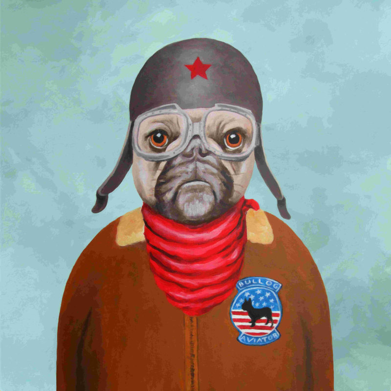 Aviator Bulldog - peinture sur toile tendue, H 30 po x l 30 po, Non, Cadre flottant doré