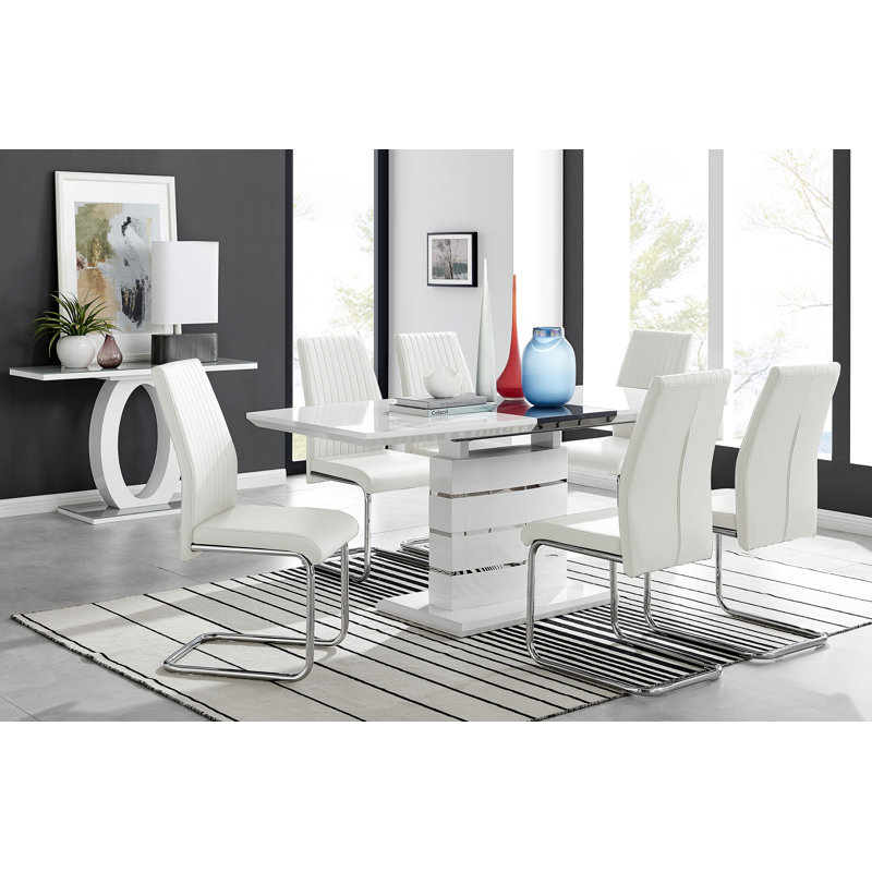 Everson Large High Gloss Extendable Dining Set with 6 Luxury Faux Leather Upholstered Dining Chairs, White