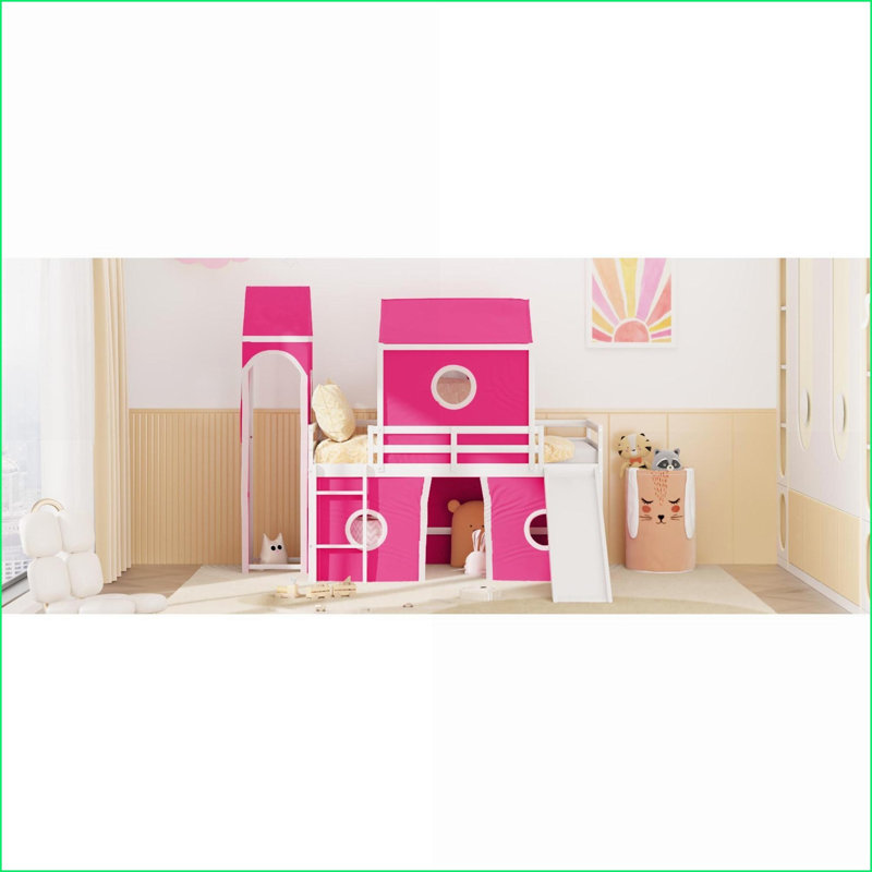 Twin Size Pinewood Loft Bed with Slide Tent &amp; Tower Pink No Box Spring Needed, Twin, Pink