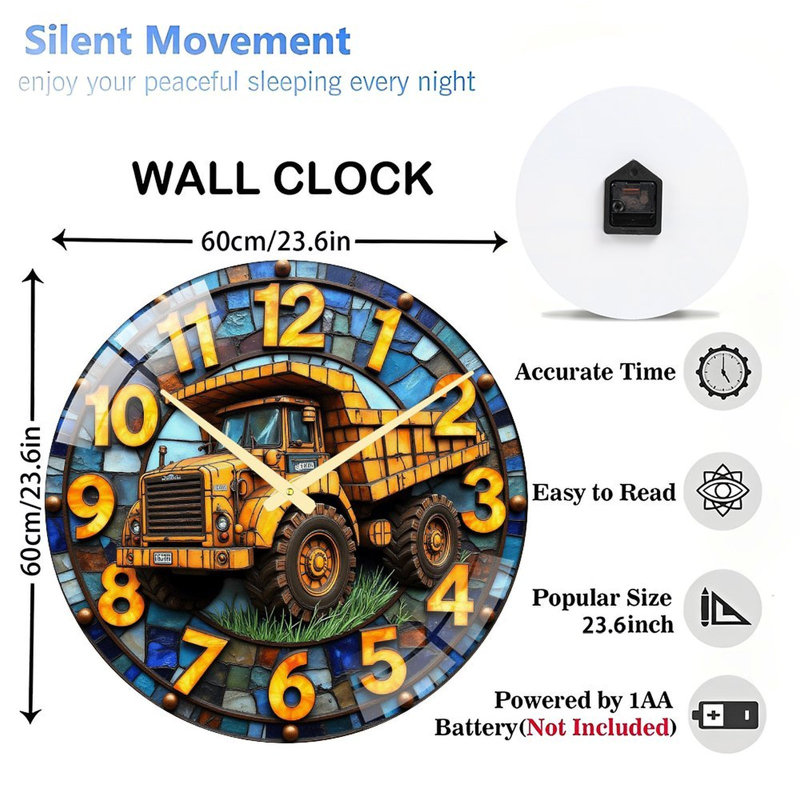 Superbe horloge murale en verre coloré avec design de camion à benne basculante - horloge murale moderne en verre 24 po