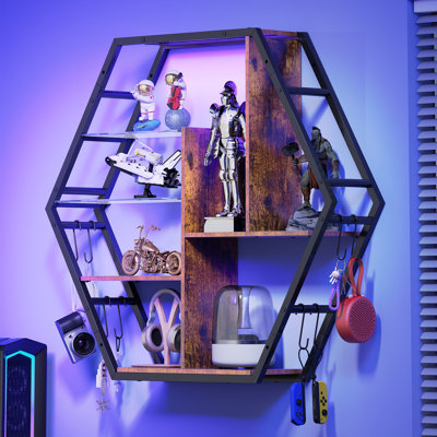 Gaming Floating Shelves, 34" LED Wall Mounted Shelf with Adjustable Glass Shelf, Pipe Shelves Hanging Display Rack Bookshelf with 8 S-Hook, Gaming Room Decor Wine Coffee Bar