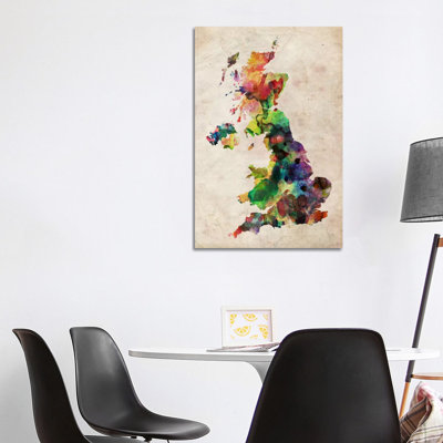 United Kingdom Watercolor Map by Michael Tompsett - 1 Piece Wrapped Canvas Wall Art