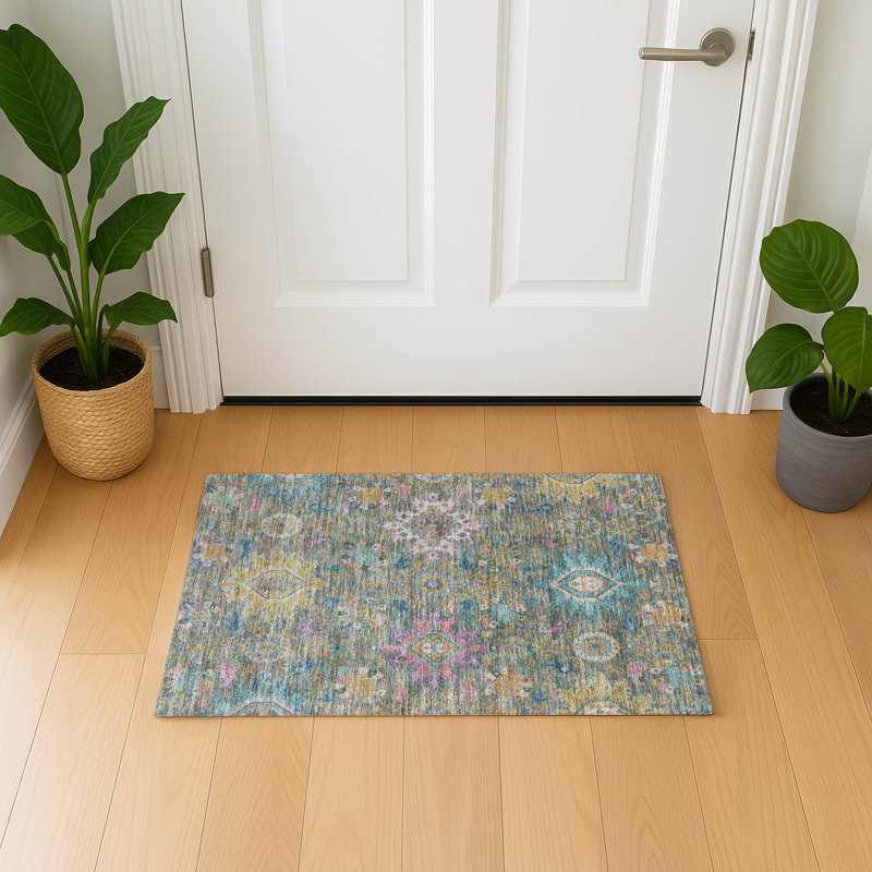 Premium Machine Washable Mayfield AMF2151 medallions Rug, Rectangle 1'8" x 2'6", Aloe