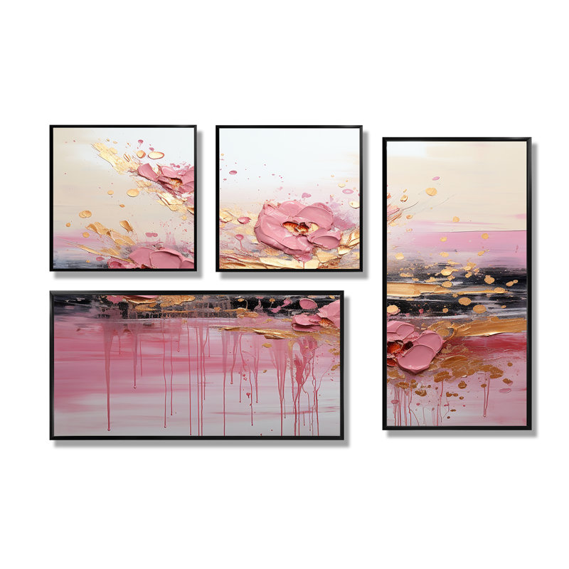 Rose, formes liquides modernes II - art mural 4 pièces, Impression encadrée sans passe-partout, Noir