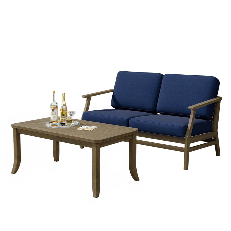 Polett Teak Outdoor Two-person Patio Set With Cushions And Side Table, Brown, Navy