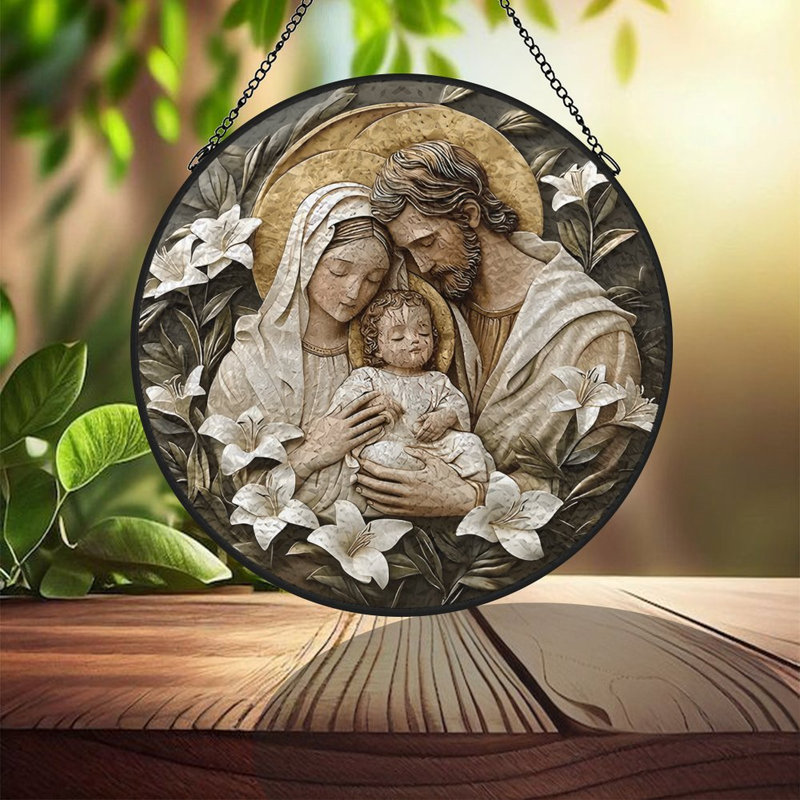 Panneaux de vitrail représentant la Sainte Famille et les lys, attrape-soleil pour la décoration de fenêtre